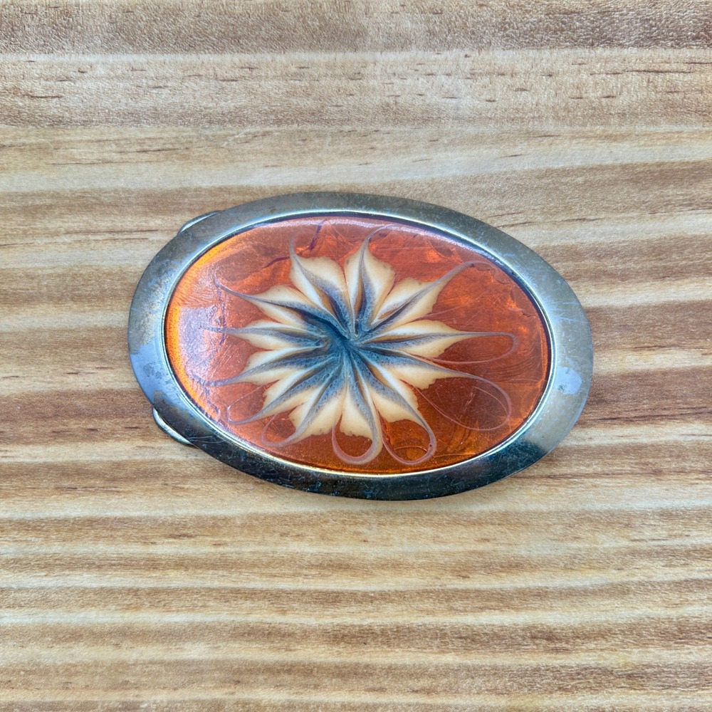 Vintage Belt Buckle Resin Flower Burst Orange Silver Tone Oval 3.25 Inch Retro